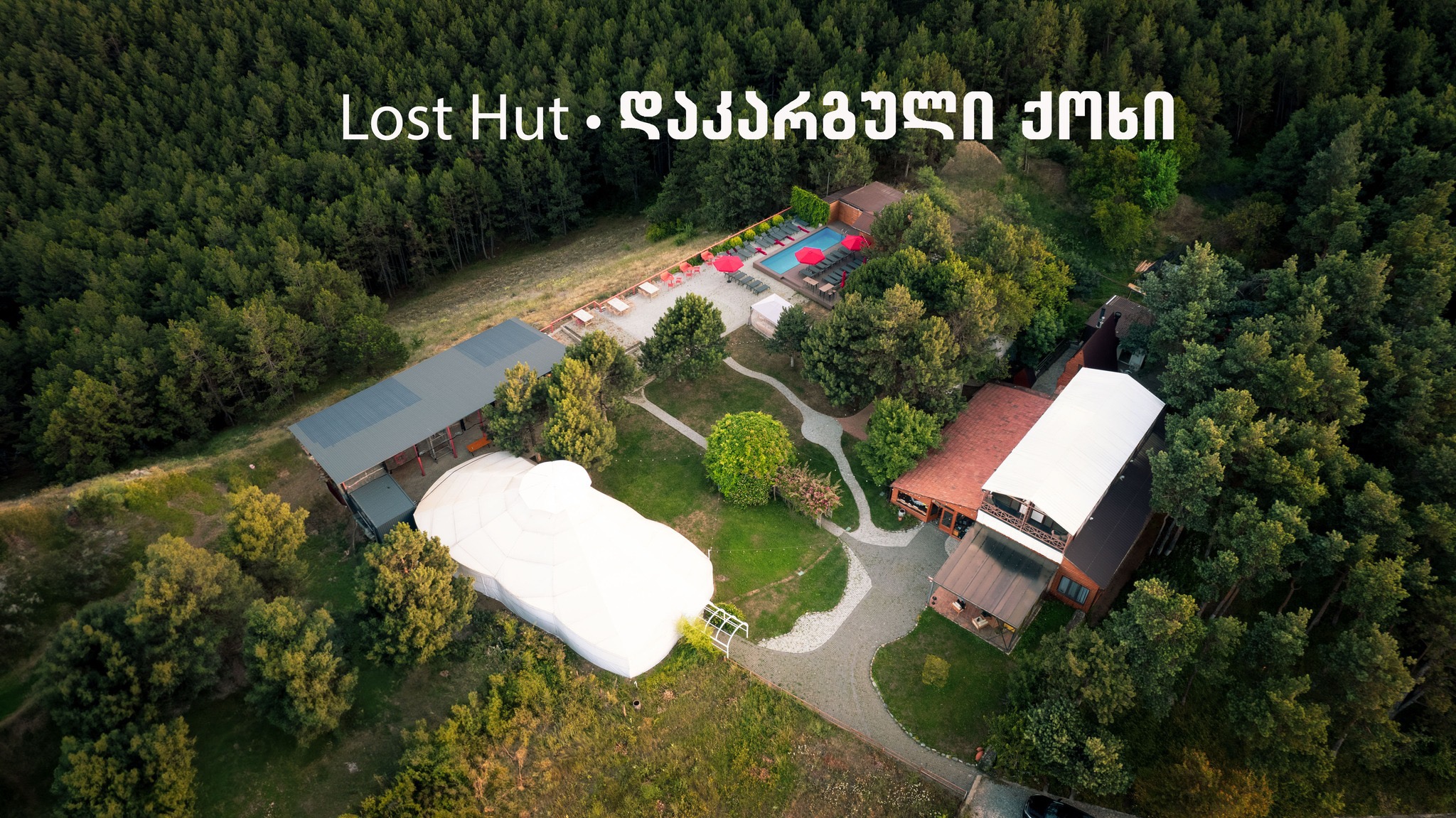 Aerial view of Lost Hut wedding and event venue in the hills above Tbilisi